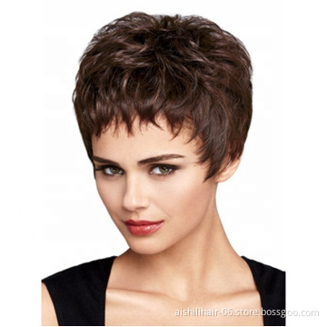 Best-selling short dark brown hair synthetic wigs natural wave and kinky curly hair for European and American women